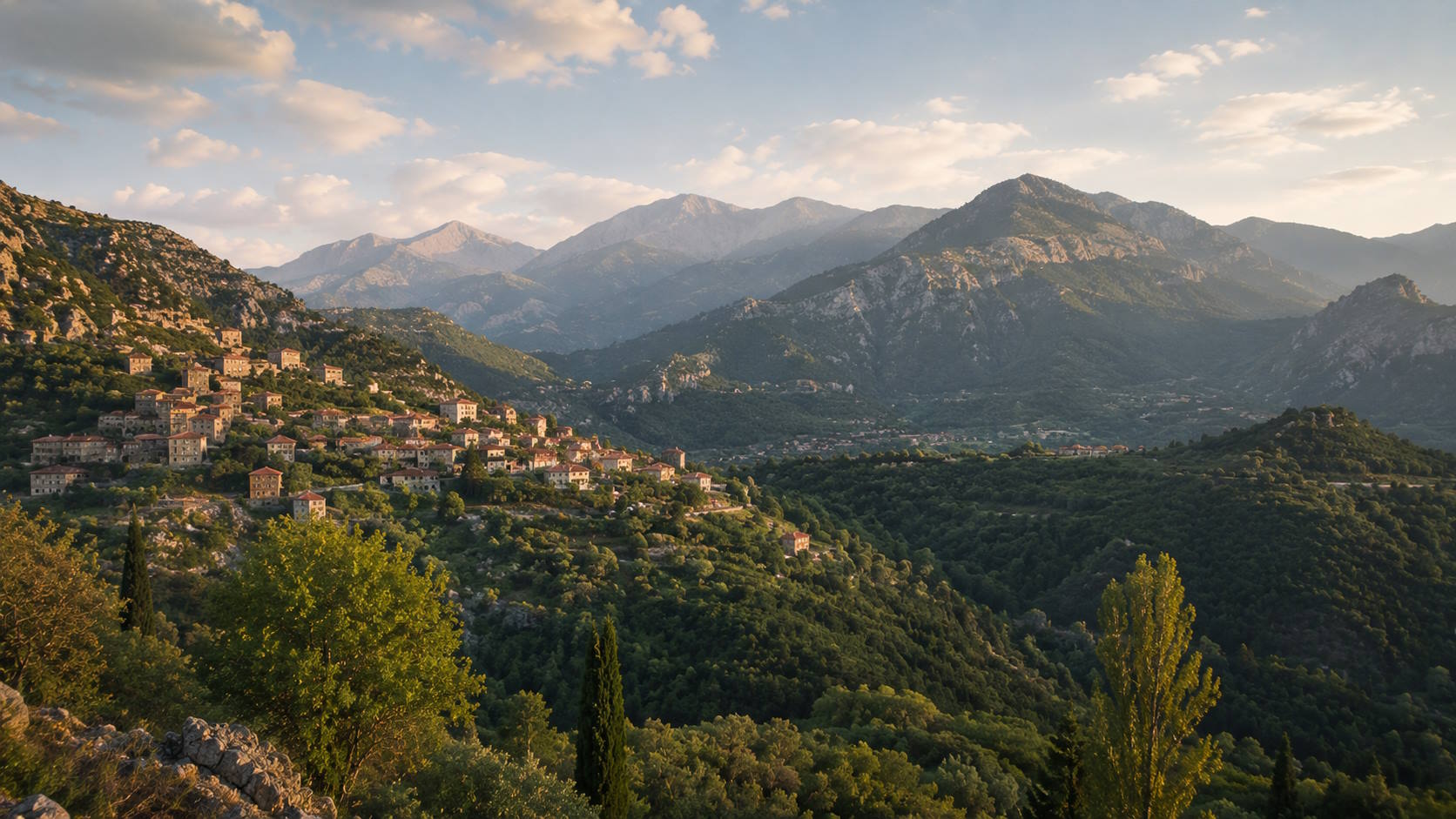 Mountain village and forested landscape in Arcadia, Peloponnese, Greece