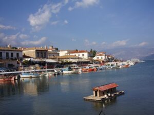 Traditional waterfront and fishing boats in Galaxidi, Central Greece