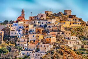 Traditional hillside village on Karpathos island in the Dodecanese, Greece