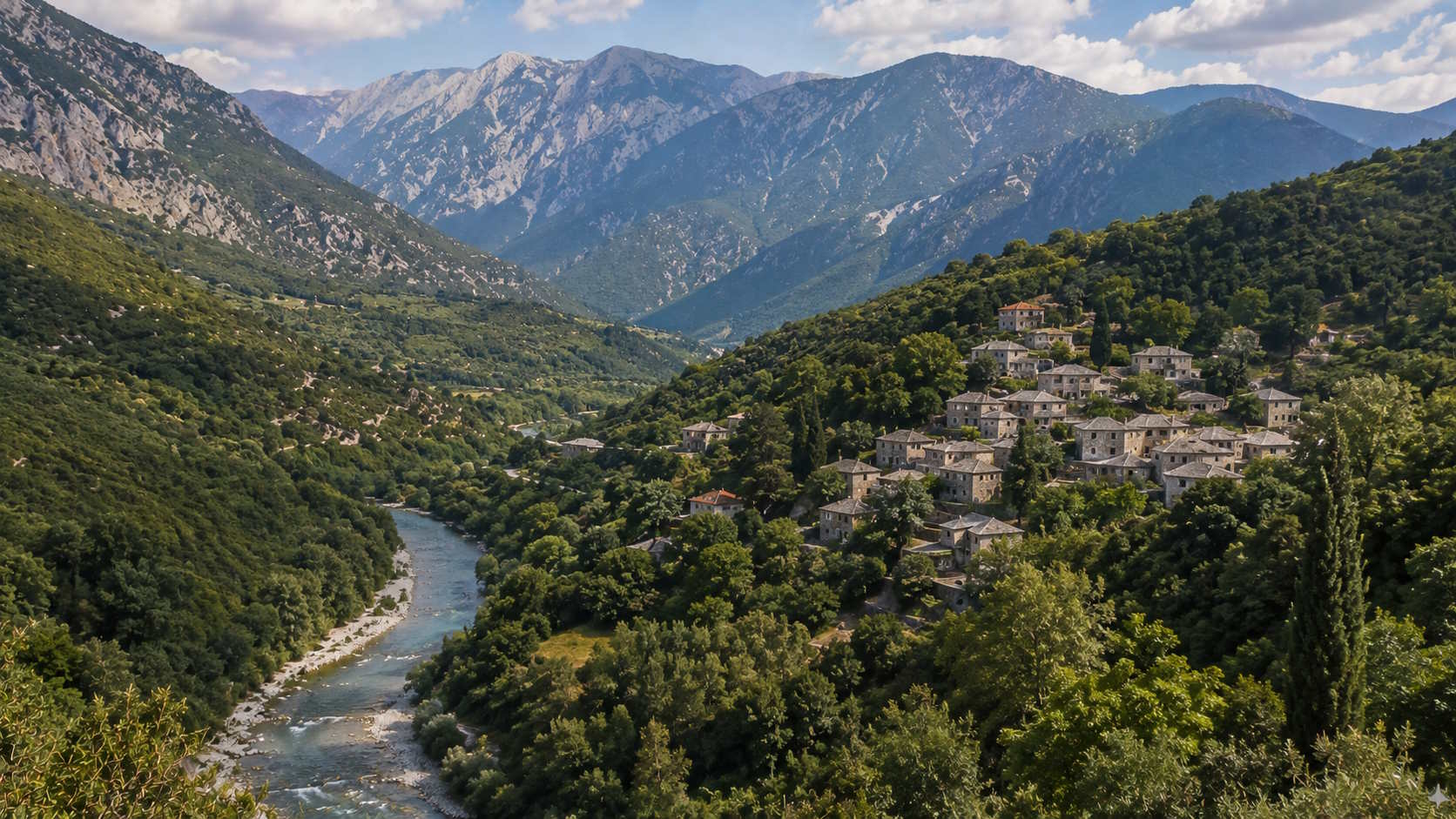 Stone mountain village, forested valley and river in Epirus, Greece