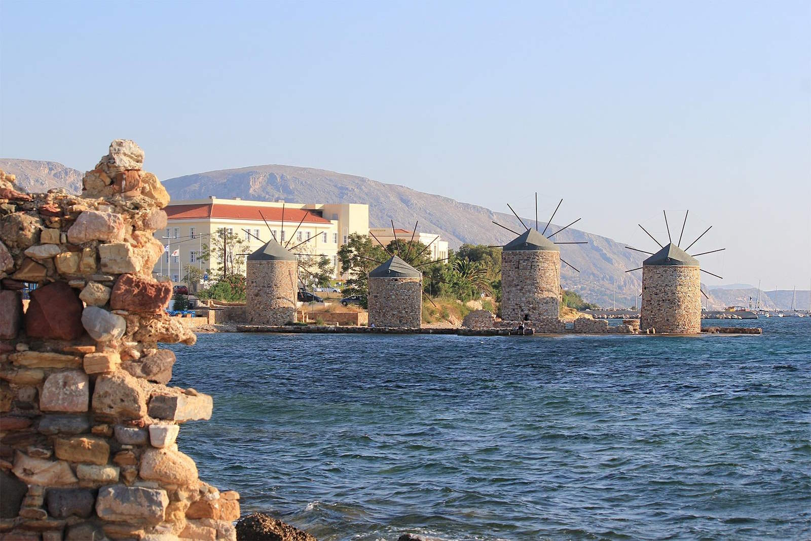 Traditional windmills along the coast of Chios in the North Aegean, Greece