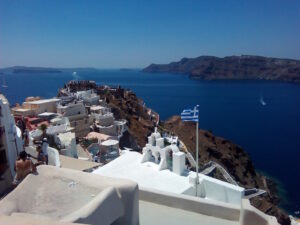 Whitewashed buildings overlooking the Aegean Sea in Santorini, Greece