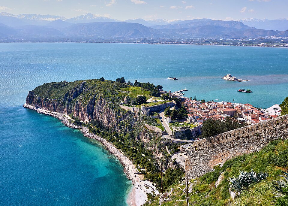 Panoramic view of Nafplio, Akronafplia and the Argolic Gulf in the Peloponnese, Greece