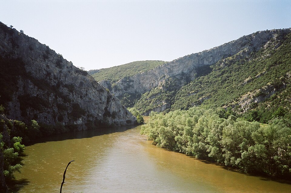 Nestos River flowing through a forested gorge in Thrace, Greece
