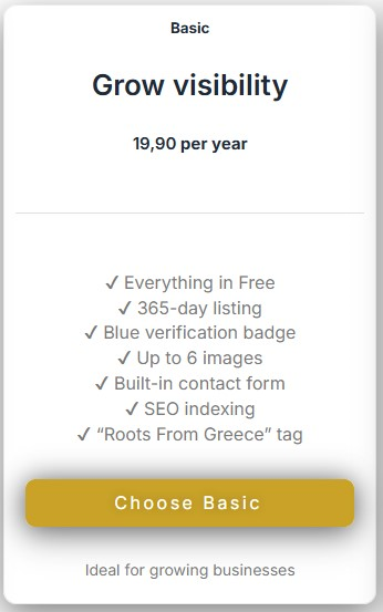 Kalostous Basic verified business listing package with 365-day visibility