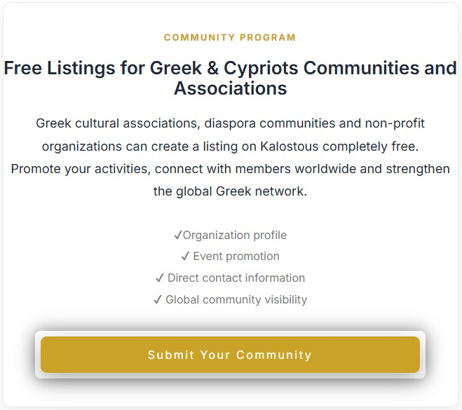 Kalostous Community Program showing free verified listings for Greek and Cypriot communities and associations