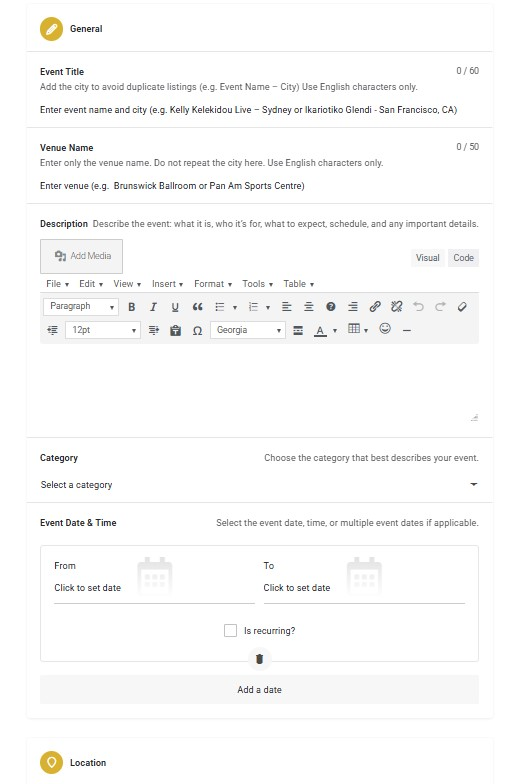 Kalostous event submission form for entering event details, category, date and location