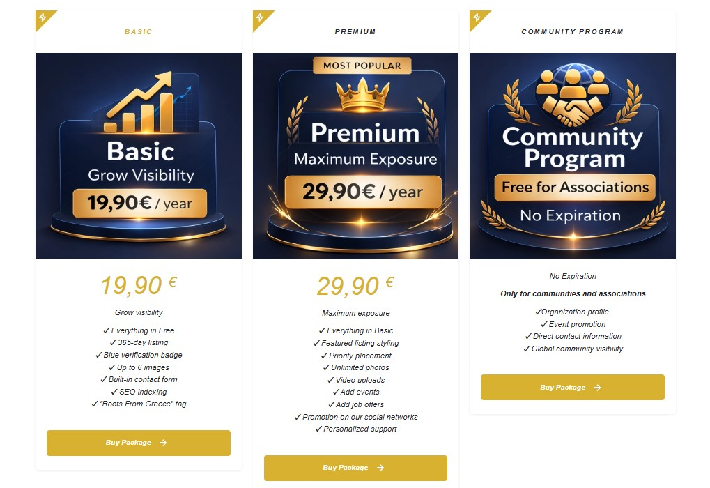 Kalostous claim packages showing Basic, Premium and Community Program options