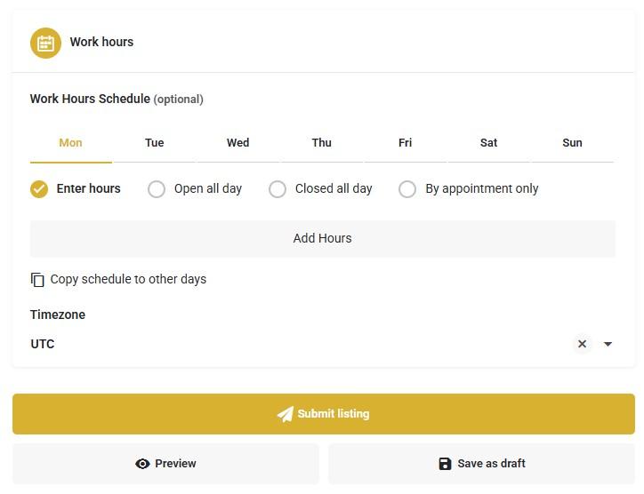 Kalostous business listing form showing work hours and Submit Listing button