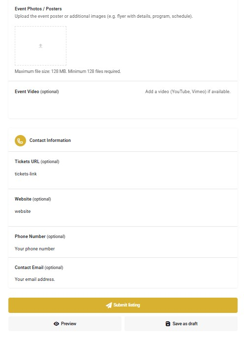 Kalostous event submission form for uploading event photos and adding contact details before submission