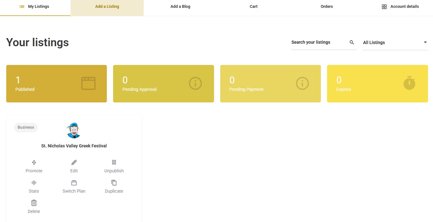 Kalostous dashboard for managing community profiles, listings and events