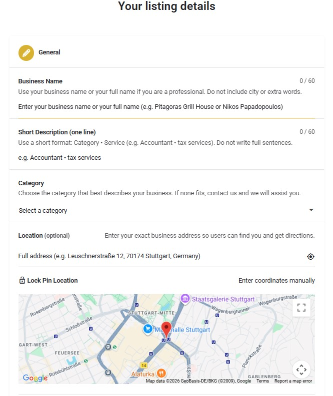 Kalostous business listing form for adding business details, category, location and images