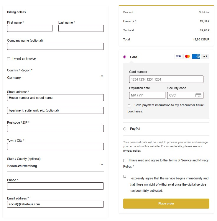 Kalostous checkout page for activating a business listing claim package
