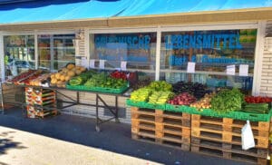 Exterior storefront and produce display at ÄGÄIS in Wuppertal