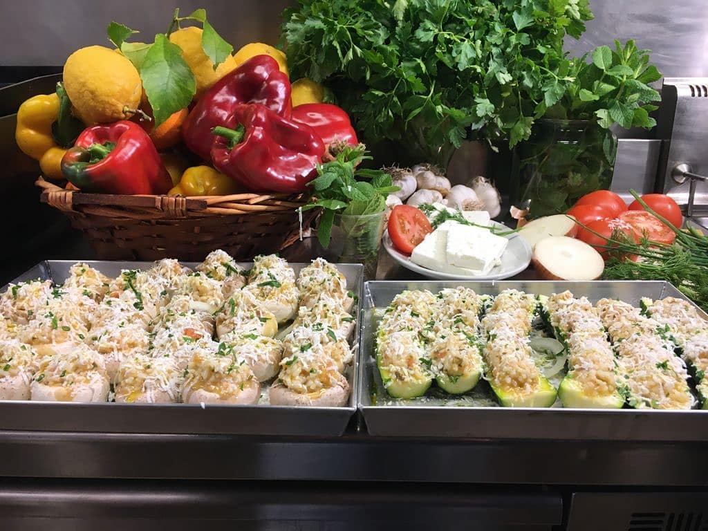 Selection of Greek food and fresh ingredients at Magn' A Grecia in Naples