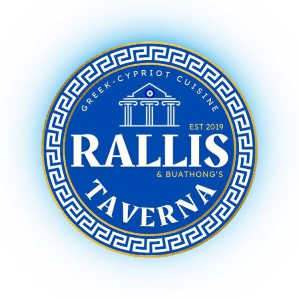 Blue and white Rallis Greek Taverna Bangkok logo with Greek decorative design