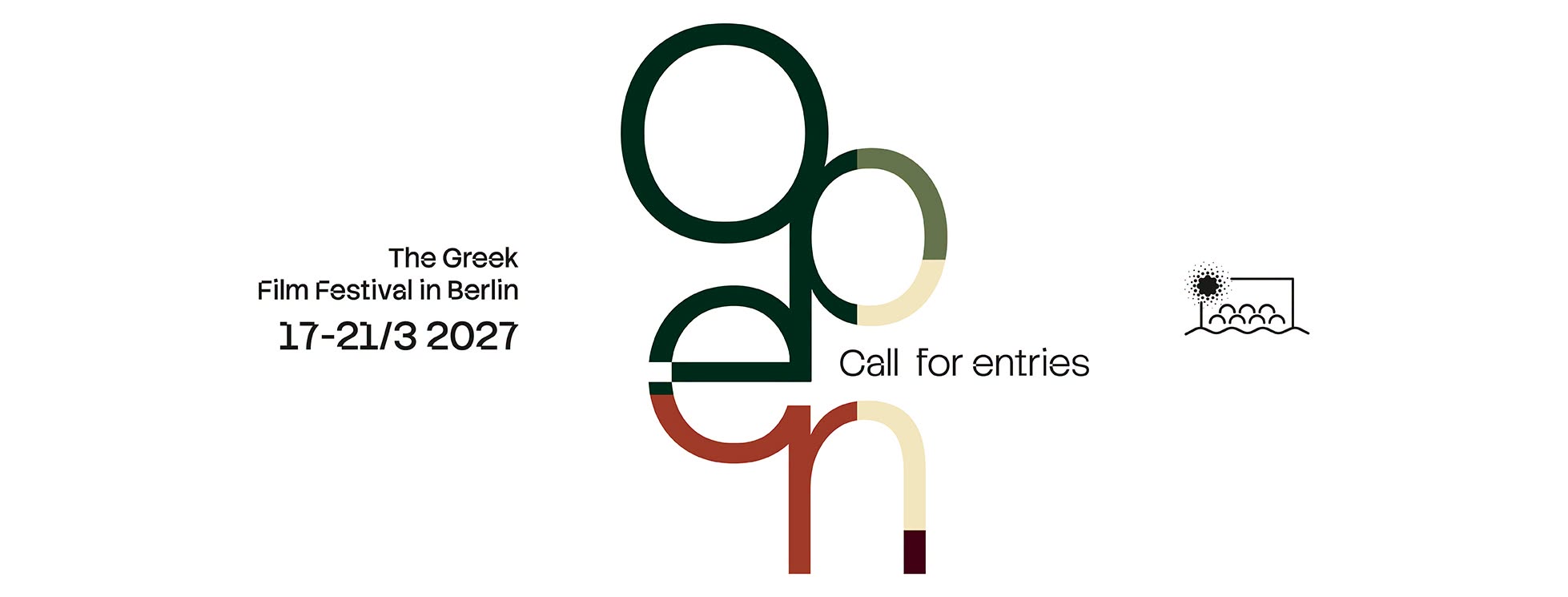 Official Call for Entries graphic for The Greek Film Festival in Berlin, announcing the 2027 edition from 17 to 21 March