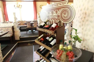 Wine display inside Helena Greek restaurant
