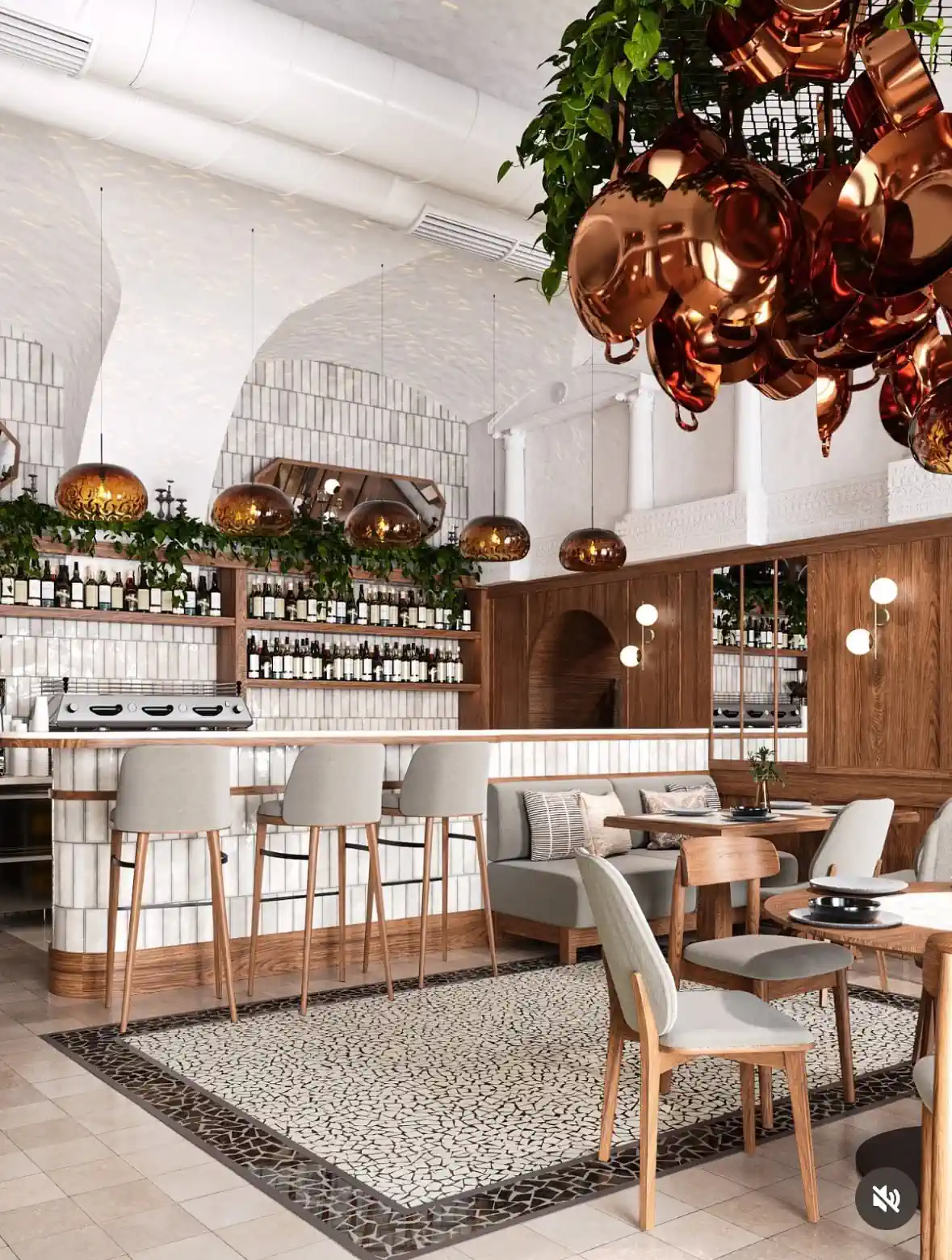 Bright contemporary dining room and bar interior at Irodion in Vienna