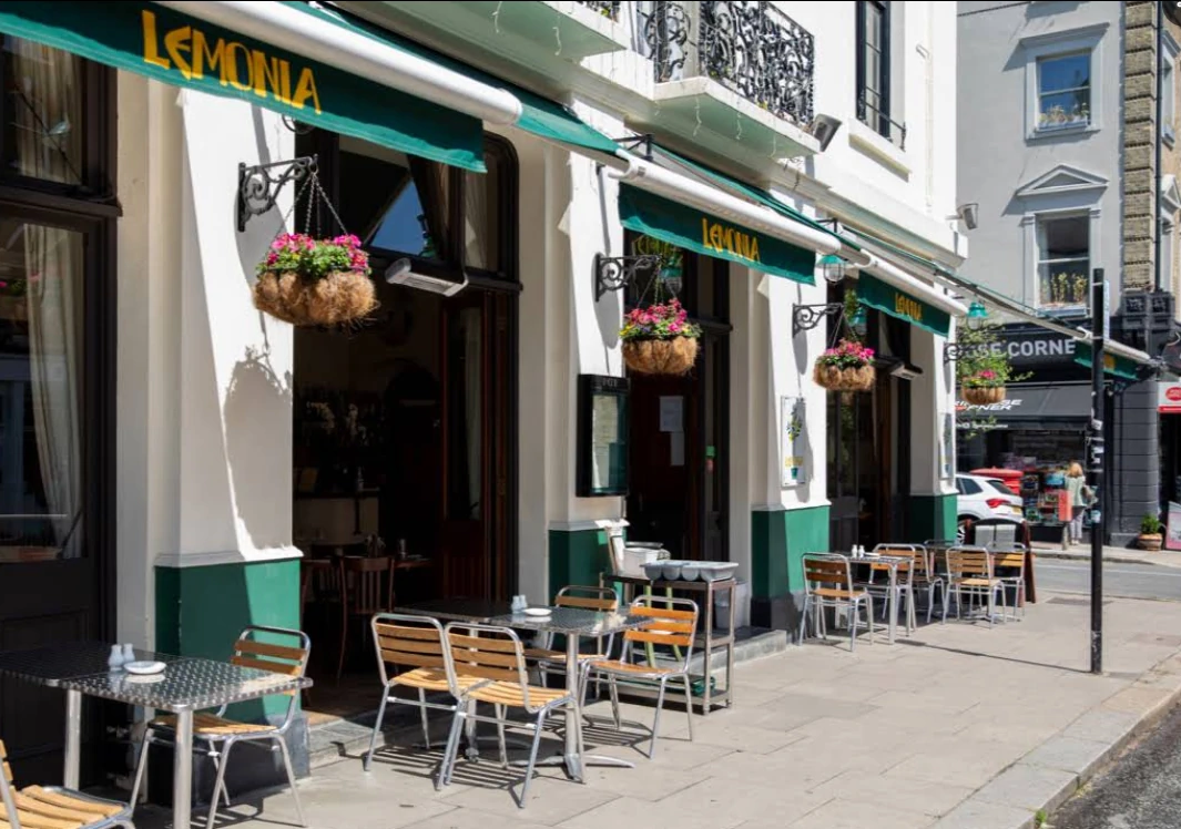 Exterior and outdoor seating at Lemonia Greek restaurant in London