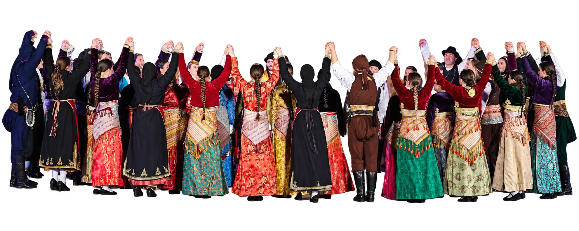 Group of dancers wearing colourful traditional Pontic Greek costumes, holding hands in a circle, representing Pontiaki Estia Stuttgart cultural association