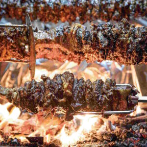 Traditional charcoal-roasted kontosouvli