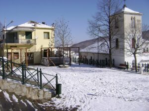 Snow-covered church in Drosopigi, Florina, Greece