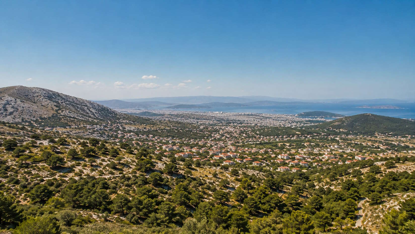 Coastal and mountainous landscape of Attica overlooking the Athens metropolitan area, Greece