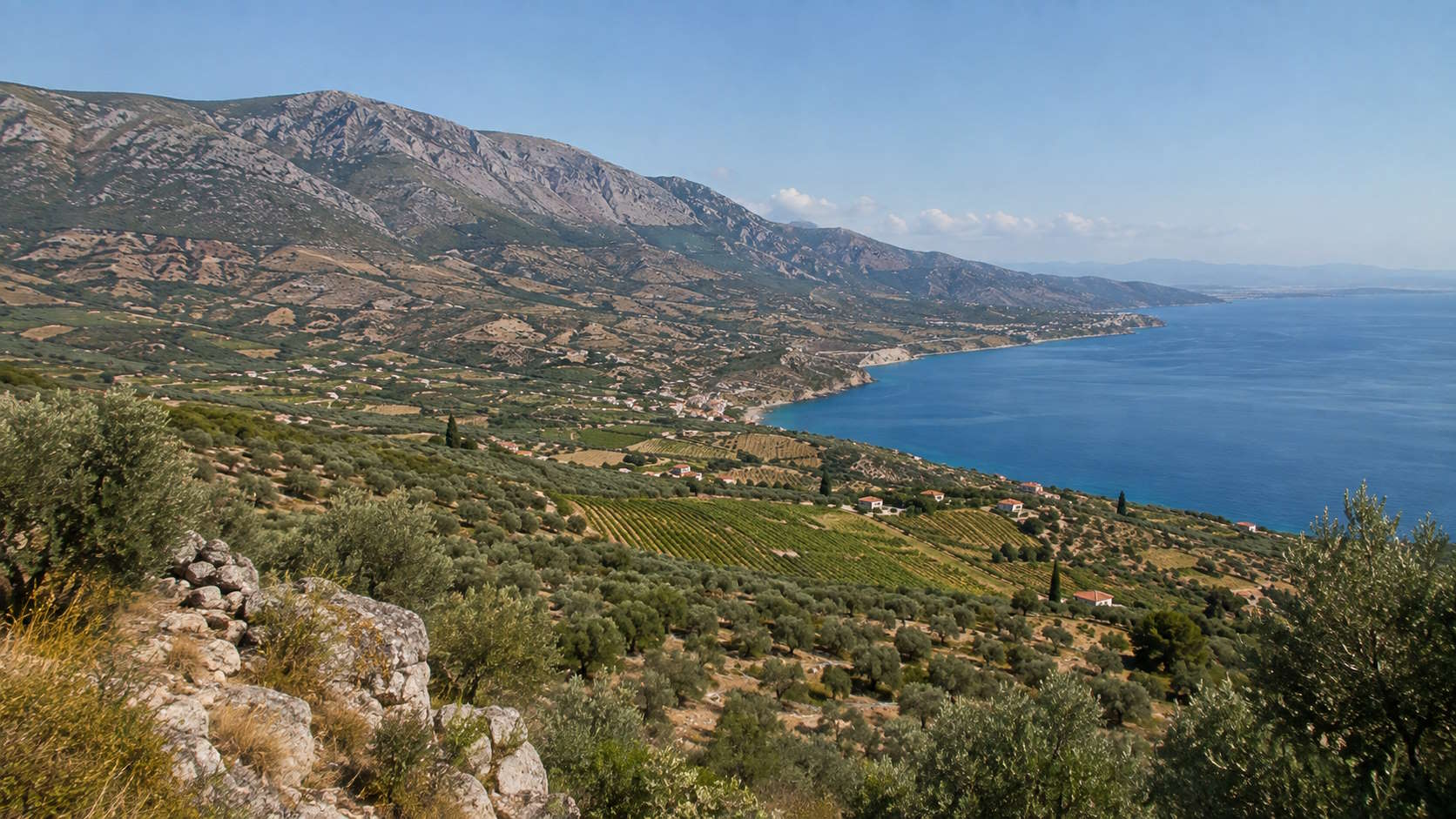 Coastal and mountainous landscape of Corinthia in the Peloponnese, Greece