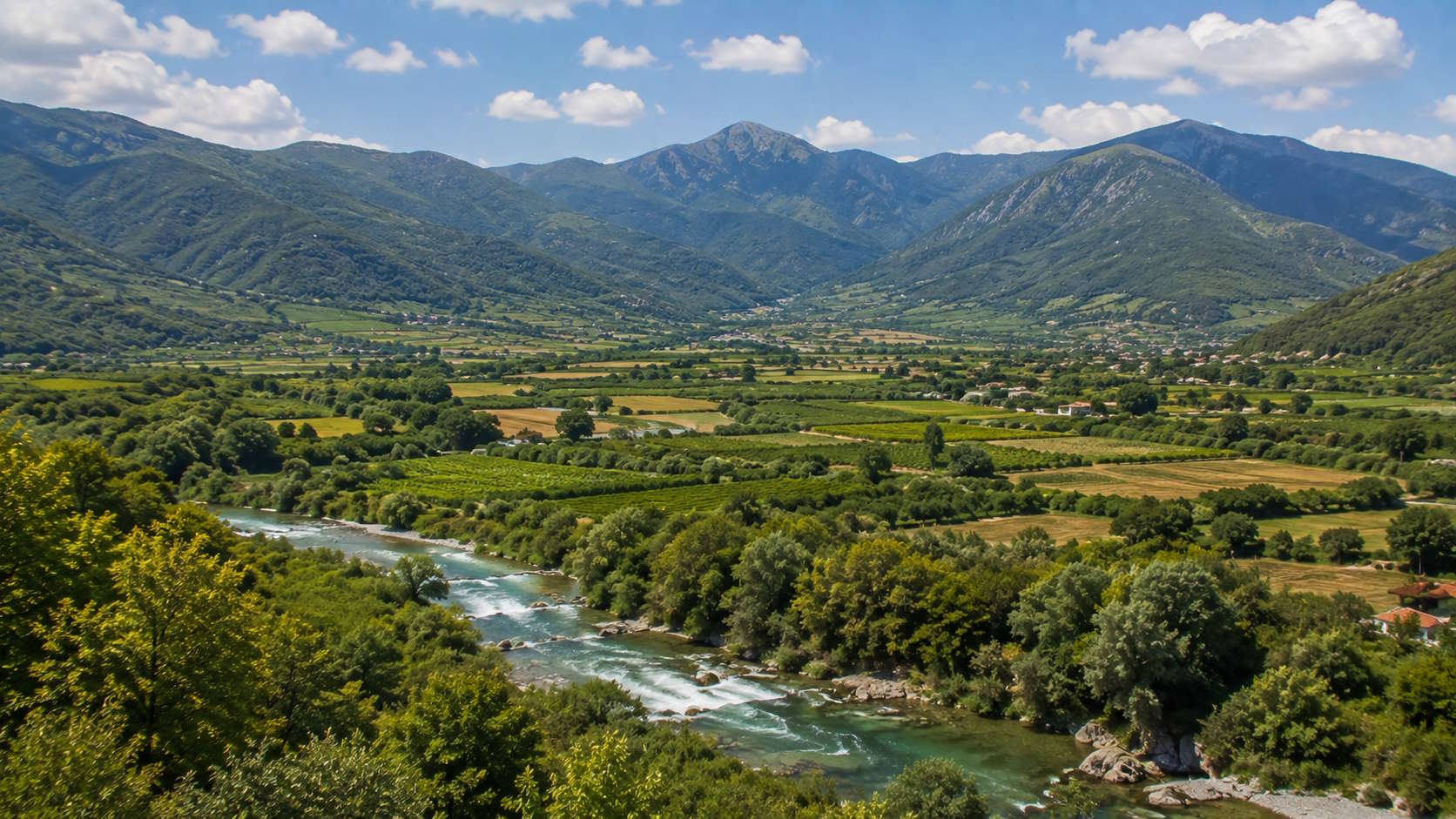 Green river valley and mountainous landscape of Drama in northern Greece