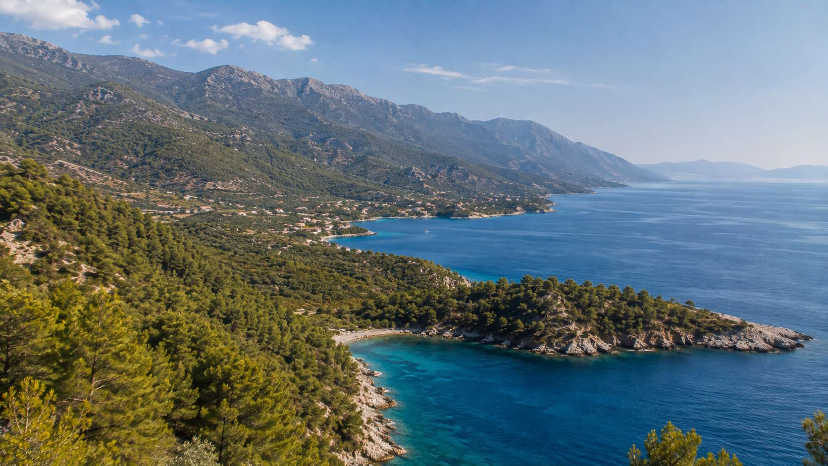 Mountainous coastline and blue sea landscape of Evia, Greece