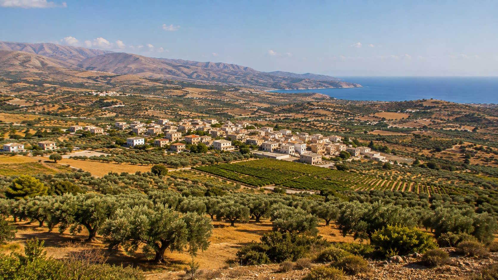 Olive groves, traditional village and coastal landscape in Heraklion, Crete