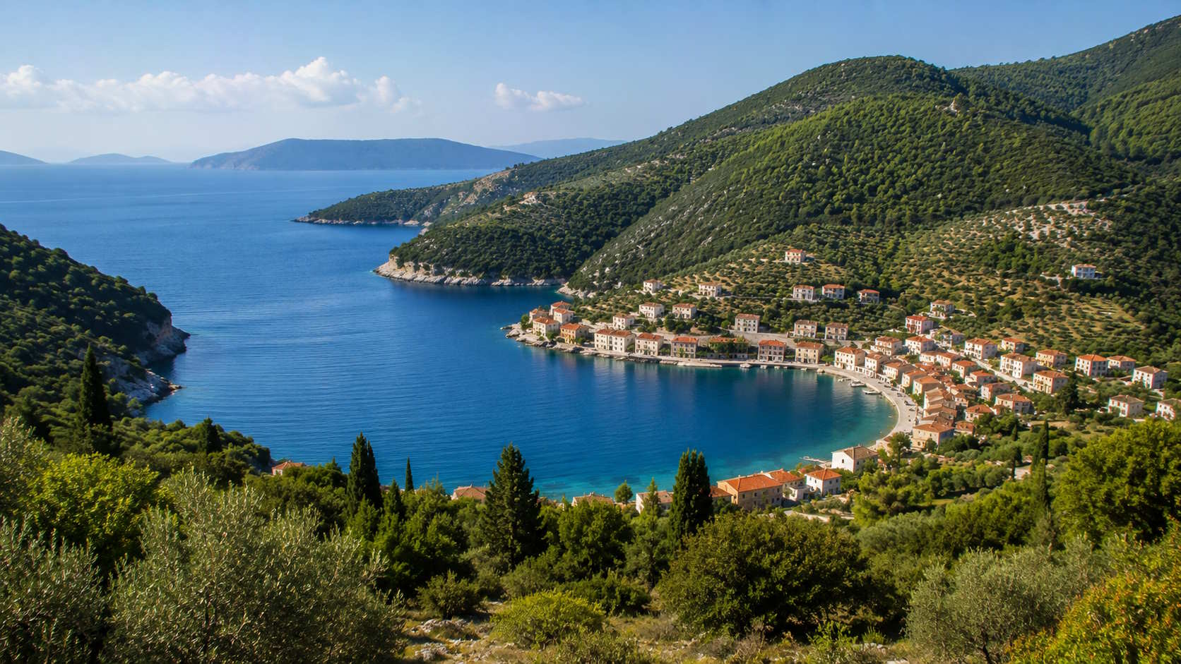 Coastal village and green hills overlooking the Ionian Sea in Ithaca, Greece