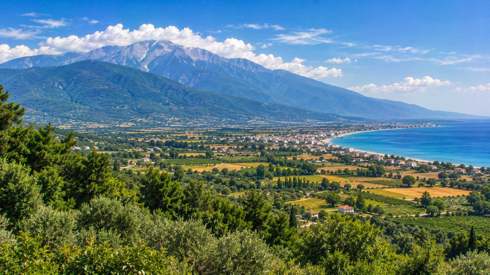 Mount Olympus, fertile countryside and Aegean coastline in Pieria, Greece