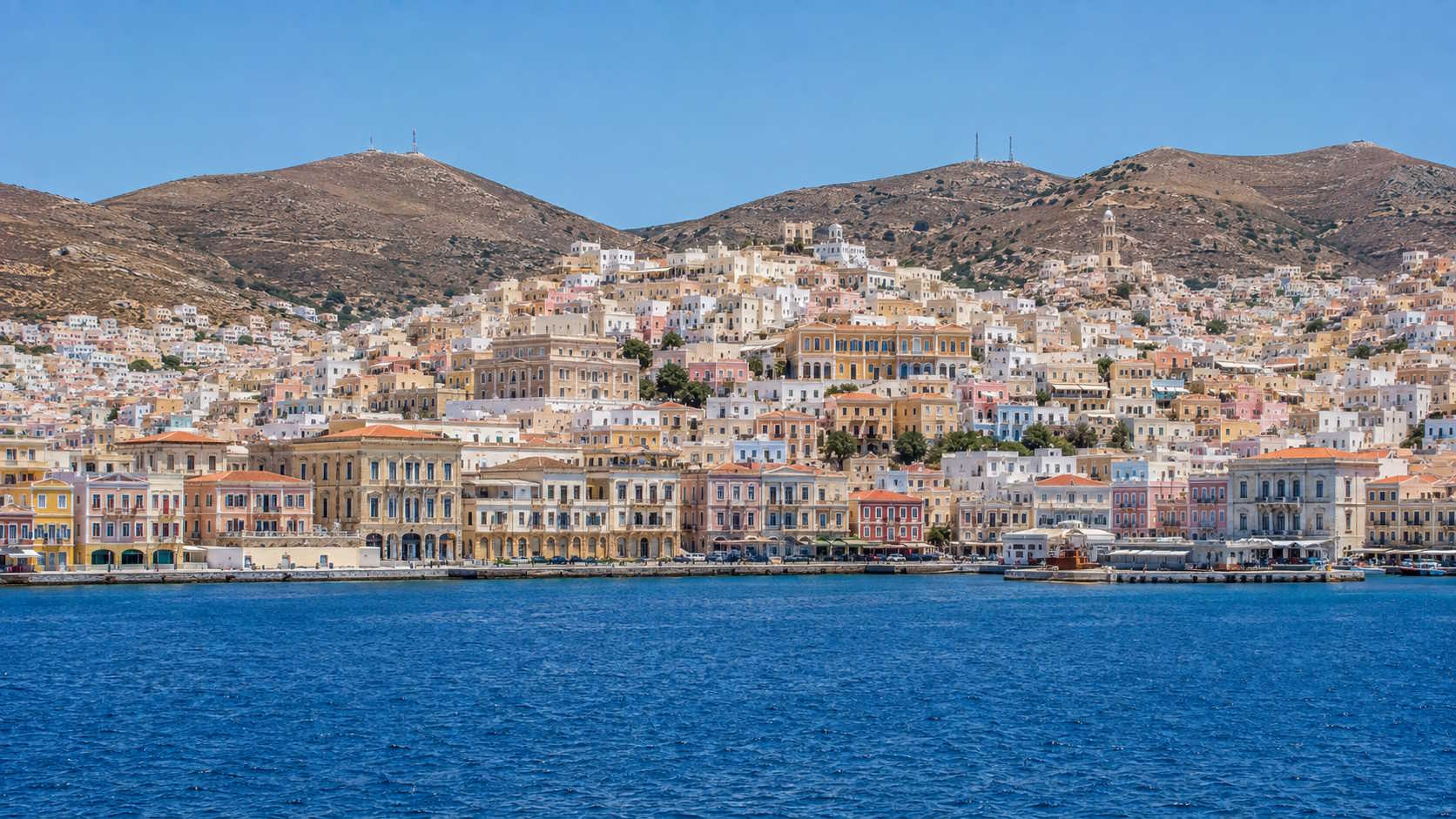 Ermoupoli waterfront and hillside architecture on Syros island, Greece