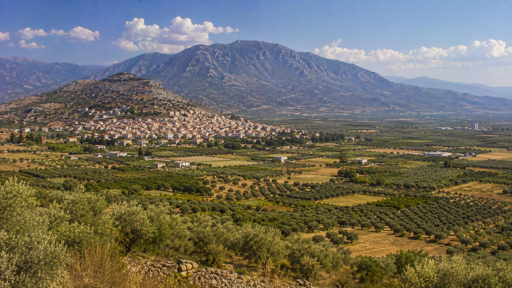 Mountain village, olive groves and fertile countryside in Viotia, Greece