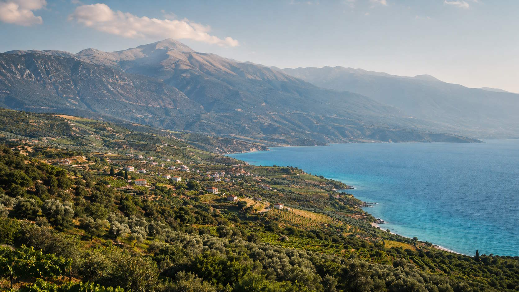Mountainous coastline, olive groves and cultivated countryside in Achaia, Greece