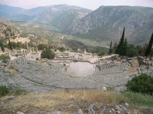 Ancient theatre of Delphi overlooking the mountain landscape of Central Greece