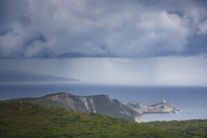 Mountainous coastline and Ionian Sea landscape in Lefkada, Greece