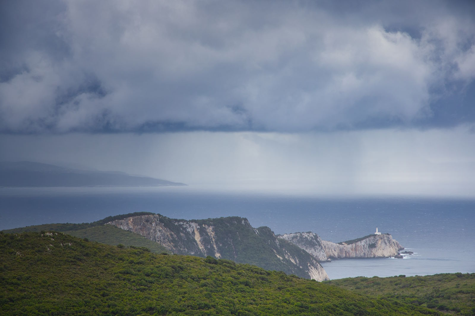 Mountainous coastline and Ionian Sea landscape in Lefkada, Greece