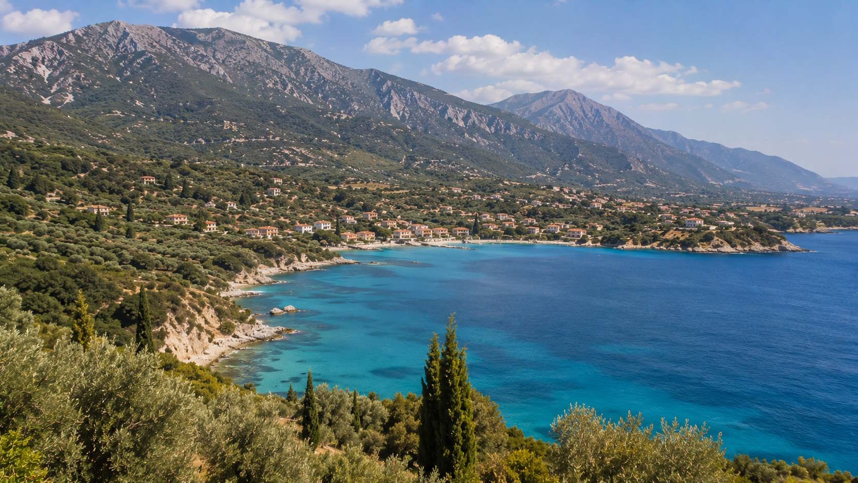 Mountainous coastline, turquoise bay and Mediterranean vegetation in Kefalonia, Greece