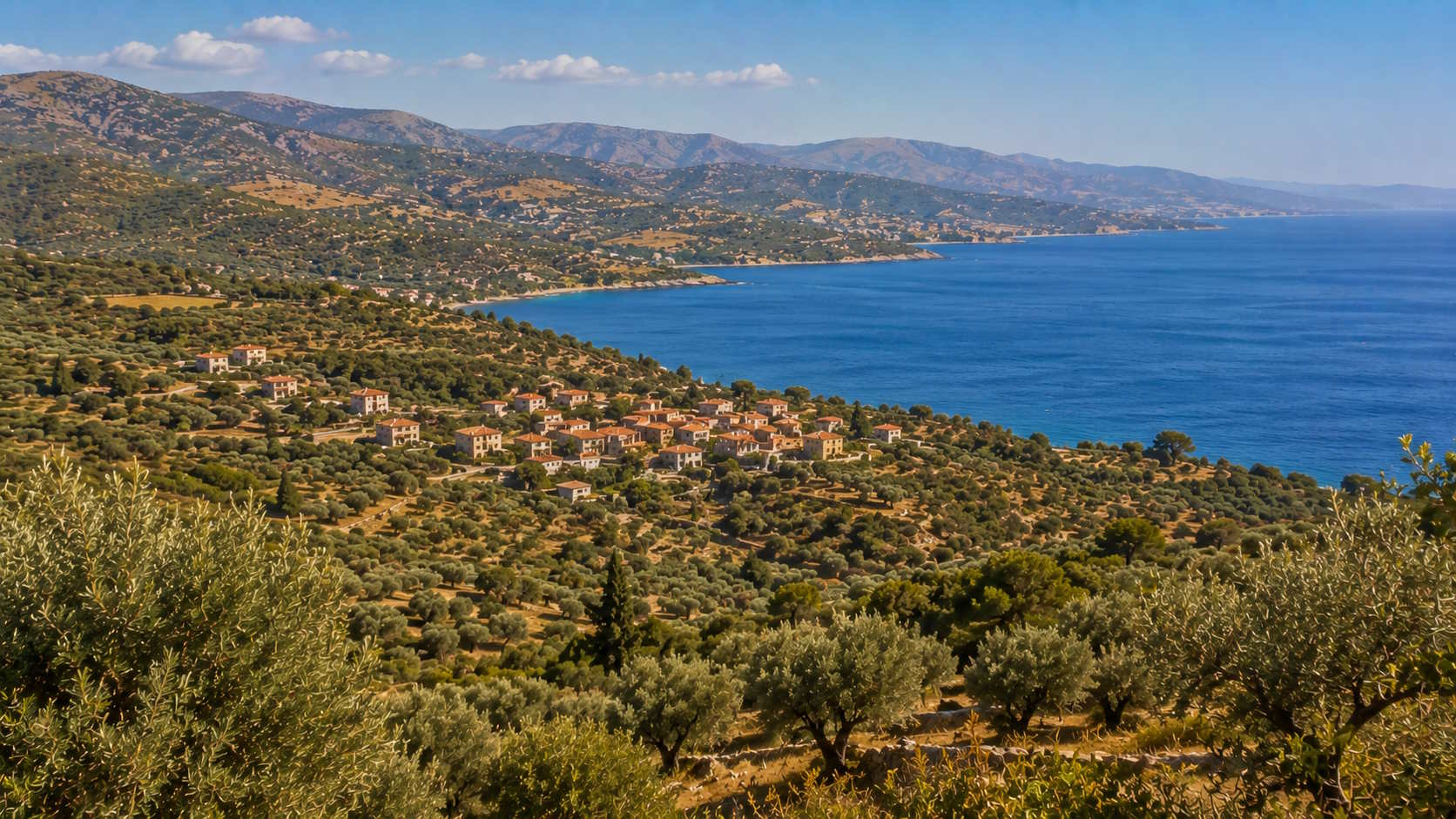 Olive-covered hills, traditional settlement and Aegean coastline in Lesbos, Greece
