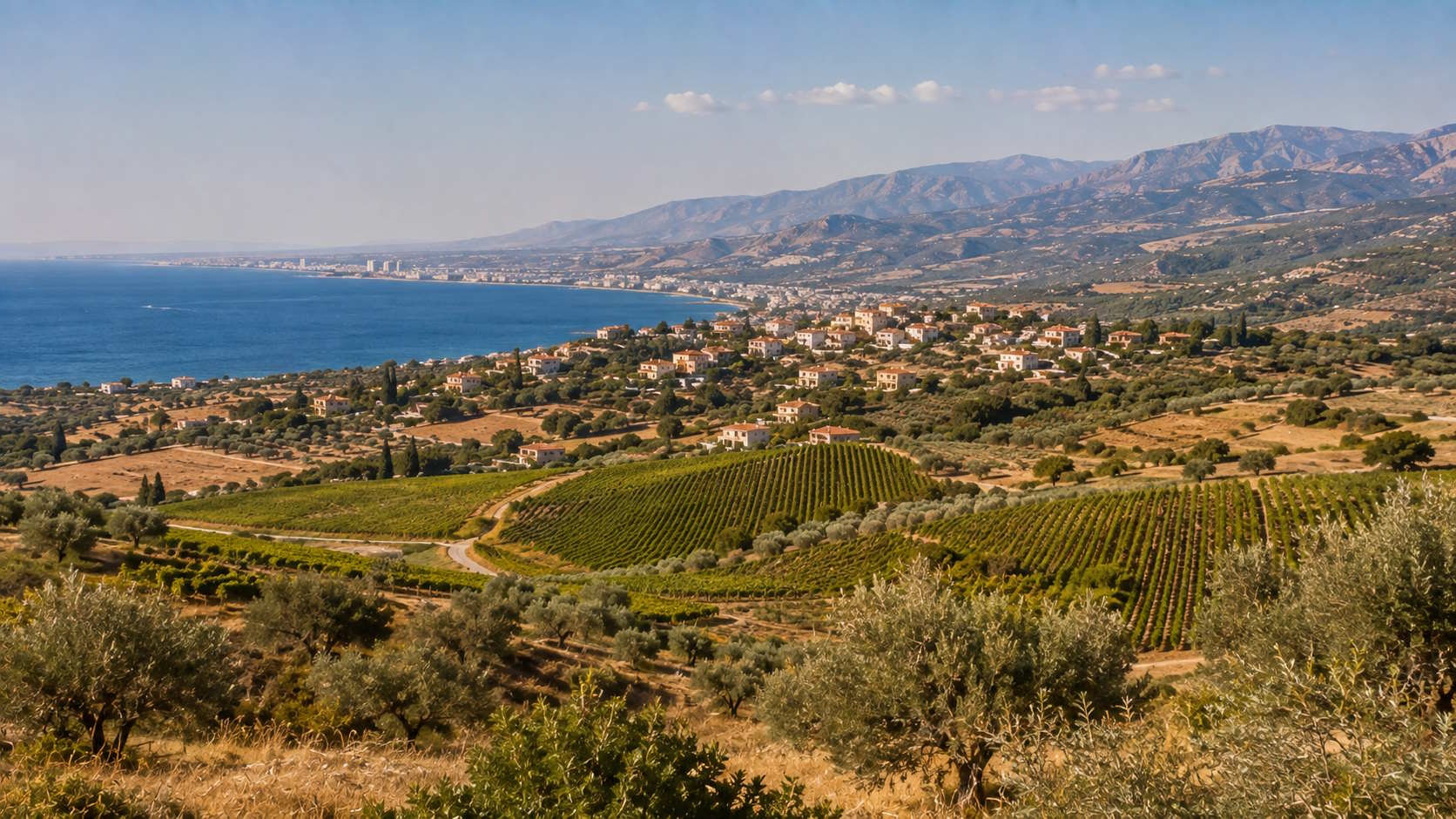 Vineyards, olive groves, coastal settlements and mountains in Limassol District, Cyprus