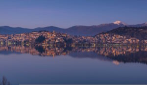 Kastoria and Lake Orestiada at dusk in Macedonia, Greece