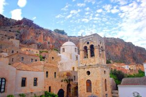 Historic stone architecture and Byzantine church in Monemvasia, Peloponnese, Greece