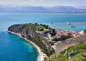 Panoramic view of Nafplio, Akronafplia and the Argolic Gulf in the Peloponnese, Greece