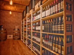 Shelves of Greek food products at Amalthia Foods in Stuttgart