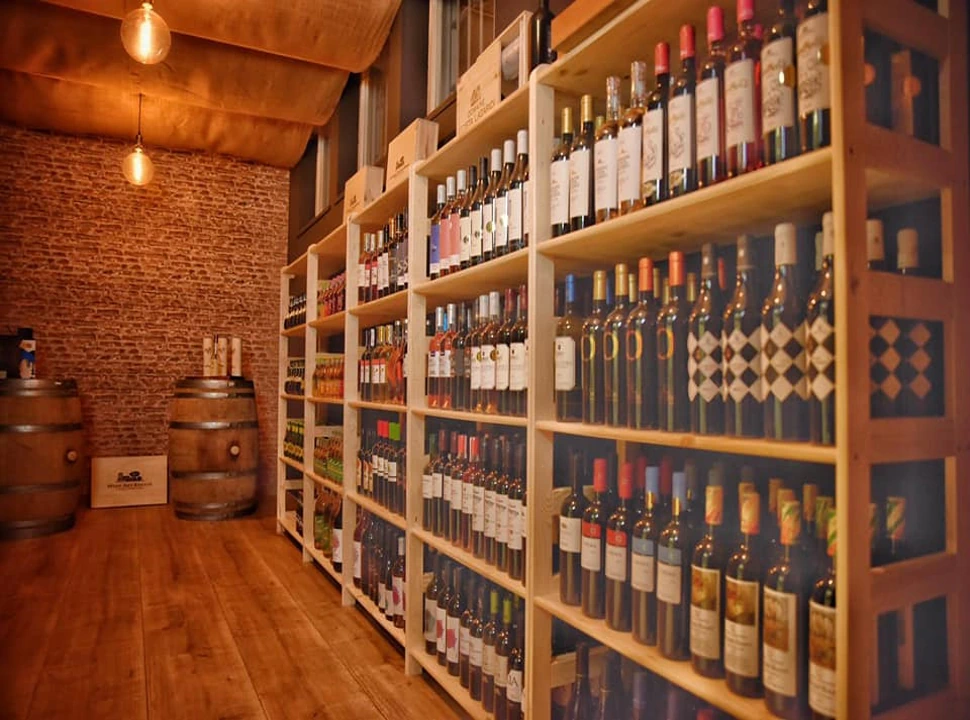 Shelves of Greek food products at Amalthia Foods in Stuttgart