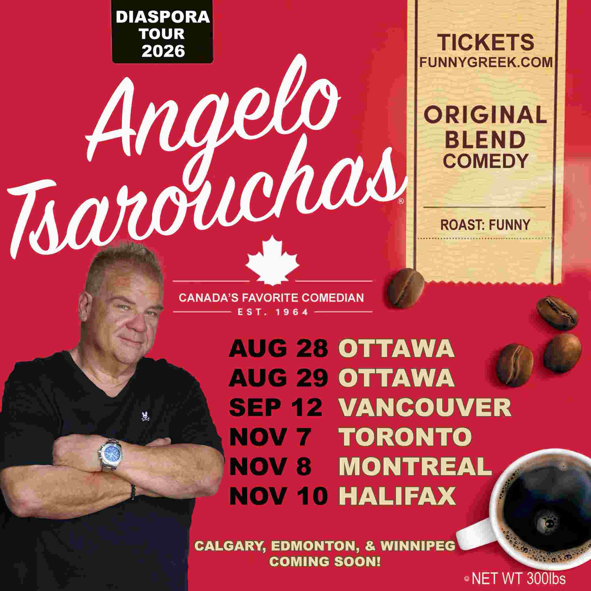 Angelo Tsarouchas Diaspora Tour 2026 comedy tour poster for Canada featuring Ottawa, Vancouver, Toronto, Montreal, and Halifax dates.