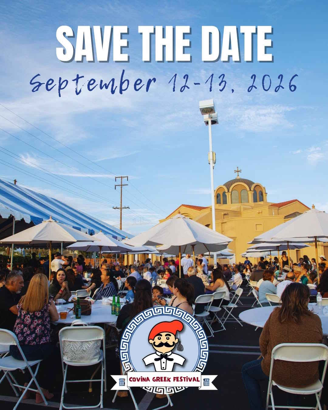 Poster for the Covina Greek Festival 2026 at Saint Nectarios Church in Covina, California, featuring authentic Greek food, live Greek and Armenian music, dancing, and family-friendly activities on September 12–13, 2026.